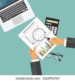 Auditing concept. Realistic design of accounting, research, calculating, planning, management, financial analysis, data. Top view. Business background with desktop elements. Project management concept