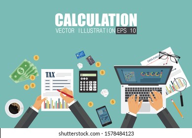 Auditing concept. Realistic design of accounting, research, calculating, planning, management, financial analysis, data. Top view. Business background with desktop elements. 