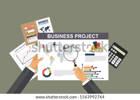 Auditing concept. Realistic design of accounting, research, calculating, planning, management, financial analysis, data. Top view. Business background with desktop elements. Project management concept