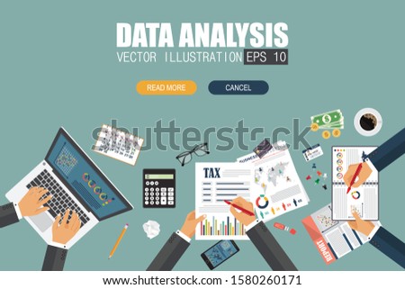 Auditing concept. Realistic design of accounting, research, calculating, planning, management, financial analysis, data. Top view. Business background with desktop elements. 