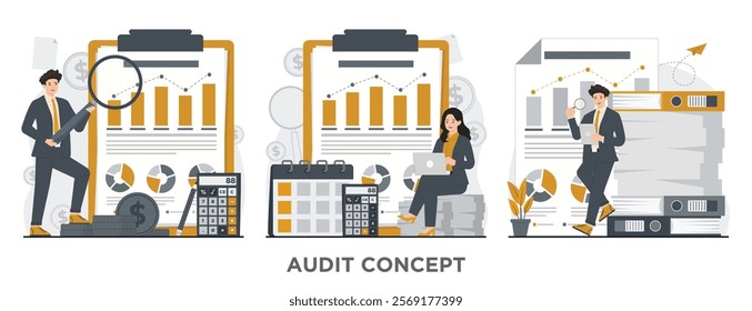 Auditing concept vector illustration Auditor, audit, project management, budget planning, financial report, accounting, statistics, 