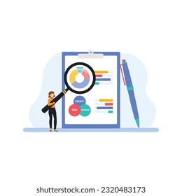 Auditing concepts. Auditor during examination of financial report. Tax process. Research, project management, planning, accounting, analysis, data. Vector illustration flat design.
