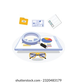 Auditing concepts. Auditor during examination of financial report. Tax process. Research, project management, planning, accounting, analysis, data. Vector illustration flat design.
