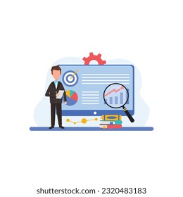 Auditing concepts. Auditor during examination of financial report. Tax process. Research, project management, planning, accounting, analysis, data. Vector illustration flat design.
