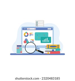 Conceptos de auditoría. Auditor durante el examen del informe financiero. Proceso fiscal. Investigación, gestión de proyectos, planificación, contabilidad, análisis, datos. Diseño plano de ilustración vectorial.
