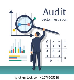 Auditing concepts. Auditor with magnifying glass in hand during examination of financial report. Tax process. Research, project management, planning, accounting, analysis, data. Vector flat design. Auditing concepts. Auditor with magnifying glass in hand during examination of financial report. Tax process. Research, project management, planning, accounting, analysis, data. Vector flat design.