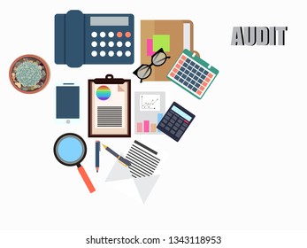 Auditing concepts. Auditor at table during examination of financial report. Tax process. Research, project management, planning, accounting, analysis, data. Vector illustration flat design.
