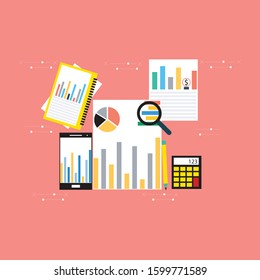 Auditing concepts. Auditor at table during examination of financial report. Tax process. Research, project management, planning, accounting, analysis, data. Vector illustration flat design.