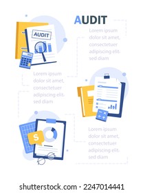 Auditing concepts. Auditor at table during examination of financial report. Tax process. Research, project management, planning, accounting, analysis