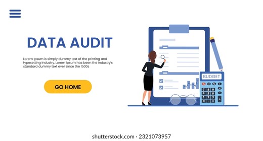 Auditing concepts. Auditor at table during examination of financial report. Tax process. Research, project management, planning, accounting, analysis, data. Vector illustration flat design.	