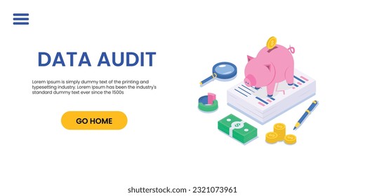 Auditing concepts. Auditor at table during examination of financial report. Tax process. Research, project management, planning, accounting, analysis, data. Vector illustration flat design.	