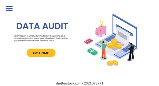 Auditing concepts. Auditor at table during examination of financial report. Tax process. Research, project management, planning, accounting, analysis, data. Vector illustration flat design.	