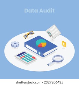 Auditing concepts. Auditor at table during examination of financial report. Tax process. Research, project management, planning, accounting, analysis, data. Vector illustration flat design.
