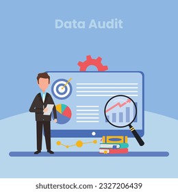 Auditing concepts. Auditor at table during examination of financial report. Tax process. Research, project management, planning, accounting, analysis, data. Vector illustration flat design.