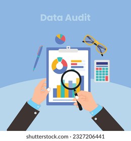 Auditing concepts. Auditor at table during examination of financial report. Tax process. Research, project management, planning, accounting, analysis, data. Vector illustration flat design.