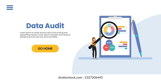 Auditing concepts. Auditor at table during examination of financial report. Tax process. Research, project management, planning, accounting, analysis, data. Vector illustration flat design.