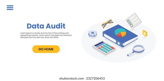 Conceptos de auditoría. Auditor a la mesa durante el examen del informe financiero. Proceso fiscal. Investigación, gestión de proyectos, planificación, contabilidad, análisis, datos. Diseño plano de ilustración vectorial.