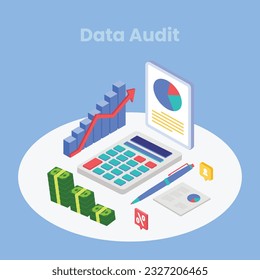 Auditing concepts. Auditor at table during examination of financial report. Tax process. Research, project management, planning, accounting, analysis, data. Vector illustration flat design.