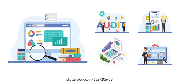 Auditing concepts. Auditor at table during examination of financial report. Tax process. Research, project management, planning, accounting, analysis, data. Vector illustration flat design.