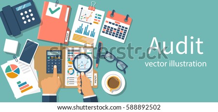 Auditing concepts. Auditor at table during examination of financial report. Tax process. Research, project management, planning, accounting, analysis, data. Vector illustration flat design.