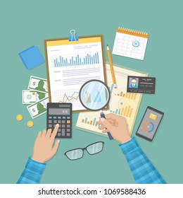 Auditing concepts. Man inspects assessing financial documents, prepares a report. Businessman hands with magnifying glass above clipboard, documents. Accounting, analysis, analytics. Vector Top view