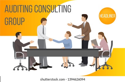 Auditar la ilustración vectorial de banner de grupo de consulta. Concepto de negocio para el equipo para analizar auditorías, encontrar soluciones a impuestos financieros, datos en diversos campos. La gente se da la mano.