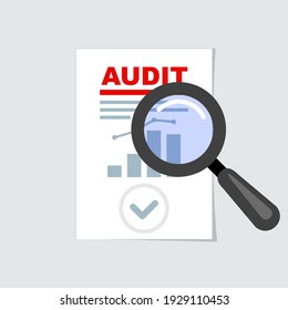 Auditing icon, magnifier on report, check up, inspection or audit concept, vector