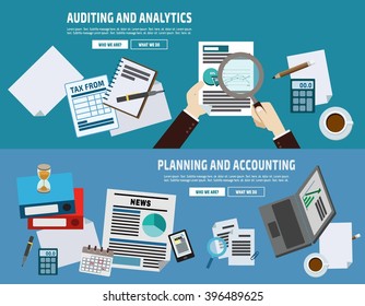 auditing plan account analyze. business concept. flat cute cartoon design illustration. isolated on blue background.