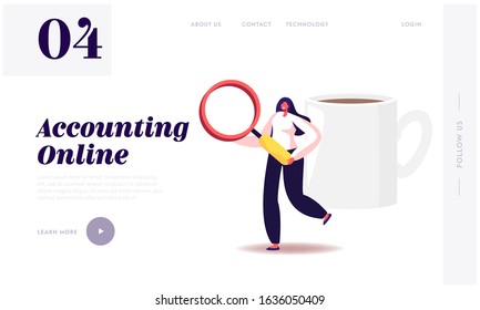 Auditing Research and Data Analysis Website Landing Page. Woman Auditor Holding Huge Magnifying Glass During Examination of Financial Report, Audit Web Page Banner. Cartoon Flat Vector Illustration