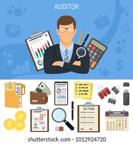 Auditing, Tax, Accounting Concept. Auditor Holds Magnifying Glass in Hand. Flat Style Icons Calculator, Financial Report, Charts, Tax form, Smartphone and Money. Isolated Vector Illustration
