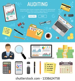 Auditing, Tax, Business Accounting banner and Infographics with flat style icons folder, laptop, charts and stationery. Isolated vector illustration