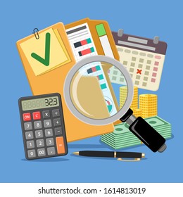 Auditing, Tax, Business Accounting Banner. Magnifying Glass and folder with checked up Financial Reports, Calculator, calendar and money. Flat Style Icons. Isolated vector illustration