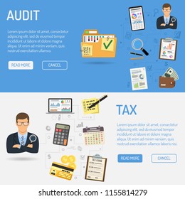 Auditing, Tax, Business Accounting Horizontal Banners. Auditor Holds Magnifying Glass and Folder with checked up Financial Reports. Flat Style Icons. Isolated vector illustration
