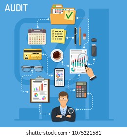 Auditing, Tax, Business Accounting Infographics. Auditor Holds Magnifying Glass in Hand and Checks Financial Report with Charts, Calculator and Smartphone. Flat Style Icons. Vector illustration