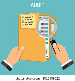 Auditing, Tax Process, Accounting Concept. Auditor Holds Folder and Magnifier in Hand and Checks Financial Report with Charts. Flat Style Icons. Isolated Vector Illustration.