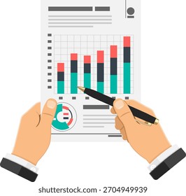 Auditing, Tax Process, Accounting Concept. Auditor Holds Pen in Hand and Checks Financial Report with Charts. Flat Style Icons Project Management, Analysis, Data. Isolated Vector Illustration