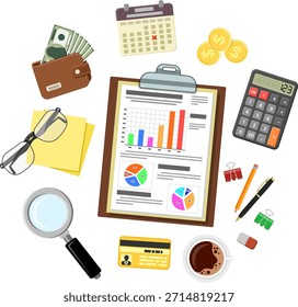 Auditing, Tax process, Accounting Concept Auditing, Tax process calculation, Accounting Concept. Auditor holds glass in hand and checks financial report. Flat style icons project management, analysis, data. Isolated vector illustration