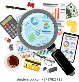 Auditoría, Proceso de Impuestos, Concepto Contable Auditoría, Cálculo de Proceso de Impuestos, Concepto Contable. Informe financiero de Magnifying Glass Checks. Gráficos en documentos y pantallas de smartphone. Iconos de estilo plano. Ilustración vectorial aislada