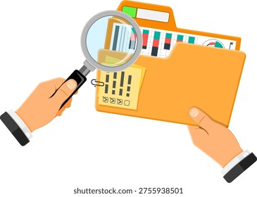 Auditing, Tax process, Accounting Concept Auditing, Tax Process, Accounting Concept. Auditor Holds Folder and Magnifier in Hand and Checks Financial Report with Charts. Flat Style Icons. Isolated Vector Illustration.