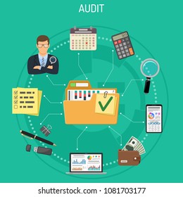 Auditing, Tax process, Business Accounting Infographics. Auditor Holds Magnifying Glass in Hand and Checks Financial Report with Charts. Flat Style Icons. Isolated vector illustration