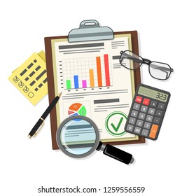 Auditing, Tax process calculation, Accounting, analysis data Concept. Clipboard with checked financial report, magnifying glass, glasses and calculator. Flat style icons. Isolated vector illustration