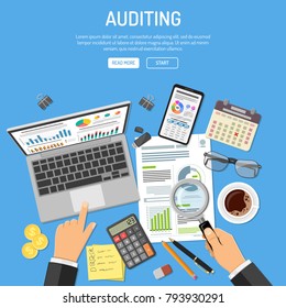 Auditing, Tax process calculation, accounting Concept. Auditor holds glass in hand and checks financial report. Charts on laptop and smartphone screens. Flat style icons. Isolated vector illustration