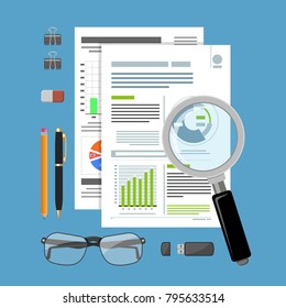 Auditing, Tax process calculation, accounting Concept. Checks financial report. Charts on Documents. Flat style icons. Isolated vector illustration