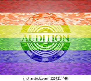 Audition emblem on mosaic background with the colors of the LGBT flag