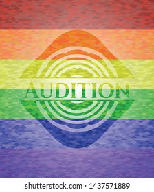 Audition on mosaic background with the colors of the LGBT flag