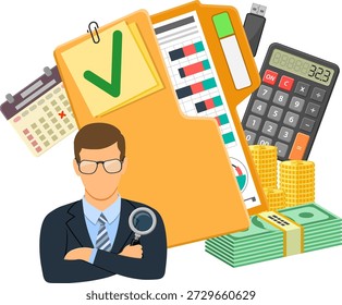 Auditor and Accounting Concept Auditing, Tax, Business Accounting Concept. Auditor Holds Magnifying Glass in Hand and folder with checked up Financial Reports, Calculator and money. Flat Style Icons. Isolated vector illustration
