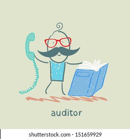 auditor with the book and phone