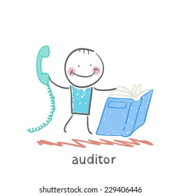 auditor with the book and phone