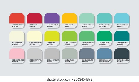 Auditor Color Guide Palette with Color Names. Catalog Sample Auditors with RGB HEX codes and Names. Colors Palette, Company management Auditor Color Palette, Fashion Trend Auditor, 2026 Color Palette