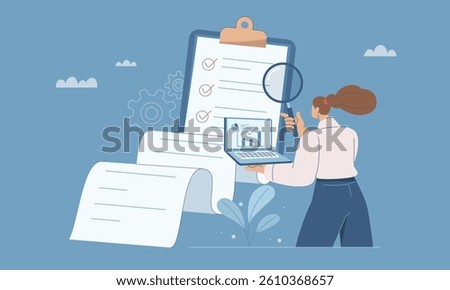 Auditor concept, Analysis of professional financial control,  Female auditor is using magnifying glasses and laptops to check the organization documents, Flat vector illustration.
